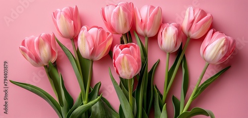 Bouquet of pink tulips on pink background. Mothers day  Birthday celebration concept. Greeting card