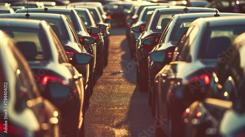 A parking lot filled with numerous preowned cars parked tightly together in a commercial car dealership setting photo