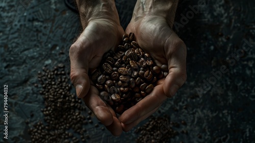 Closeup of hands holding freshly roasted coffee beans