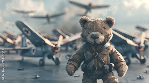 An adorable 3D rendering of a teddy bear leading a squadron of toy airplanes into battle      AI generated illustration photo
