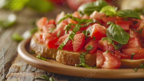 A close up of a plate of bruschetta with ripe tomatoes and fragrant basil leaves on a wooden table