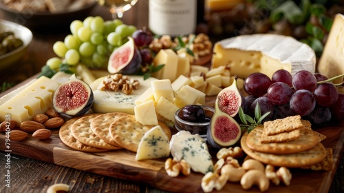 A wooden cutting board covered with assorted cheeses, crackers, and fruits in a commercial photography setting