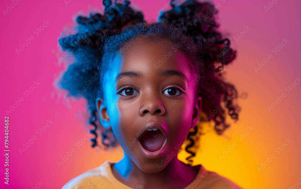 Fototapeta premium A young girl with curly hair is making a surprised face. The girl is wearing a yellow shirt and is looking at the camera. The image has a bright and cheerful mood