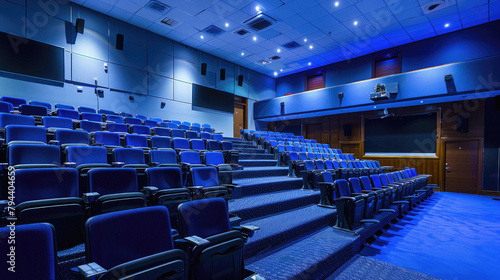 A blue theater with rows of chairs and a large screen © Art AI Gallery