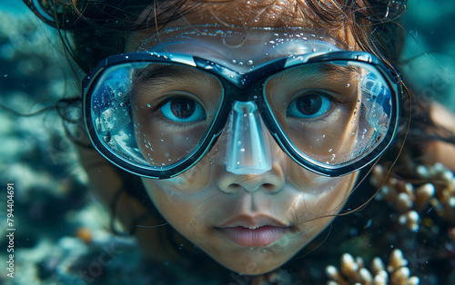 A young girl is wearing goggles and looking at the camera. Concept of adventure and excitement, as the girl is preparing to explore the underwater world
