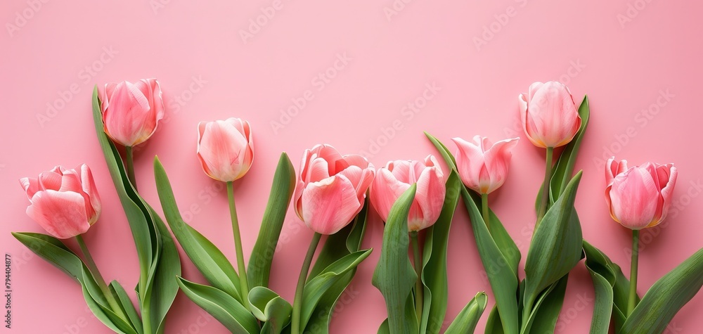 Bouquet of pink tulips on pink background. Mothers day, Birthday celebration concept. Greeting card Bouquet of pink tulips on pink background. Mothers day, Birthday celebration concept. Greeting card