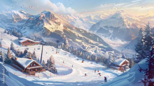 A snowy mountain scene with skiers and snowboarders on the slopes