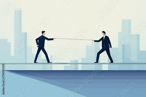 Business graphic vector modern style illustration of business people tugging tug of war pulling apart rope against each other in competition competing for business service or product