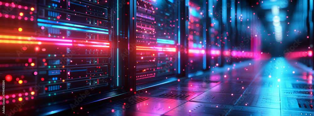 A computer server room with neon lights and a neon blue background. The lights are glowing and the room is filled with servers A computer server room with neon lights and a neon blue background. The lights are glowing and the room is filled with servers