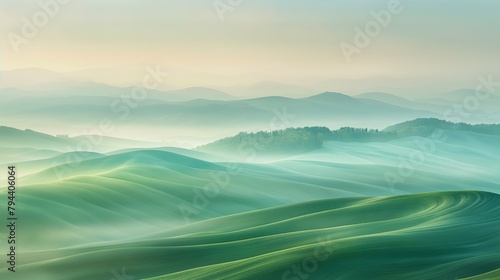 Misty hills with soft light. Soft light blankets the undulating hills, creating a dreamlike and tranquil landscape, perfect for calming and inspirational themes.