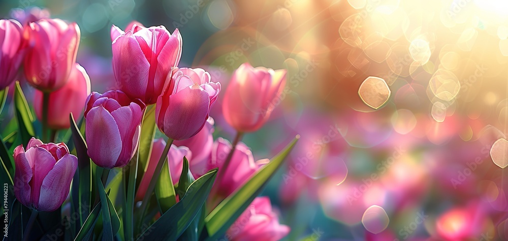 Obraz premium Pink tulips in pastel coral tints at blurry background, closeup. Fresh spring flowers in the garden