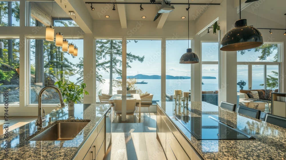 Fototapeta premium Elegant kitchen interior with ocean backdrop, ideal for high-end property listings.