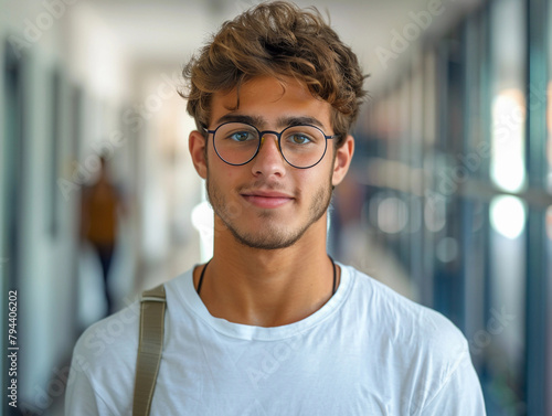 A young man wearing glasses and a white shirt is smiling for the camera. He is carrying a backpack and standing in a hallway