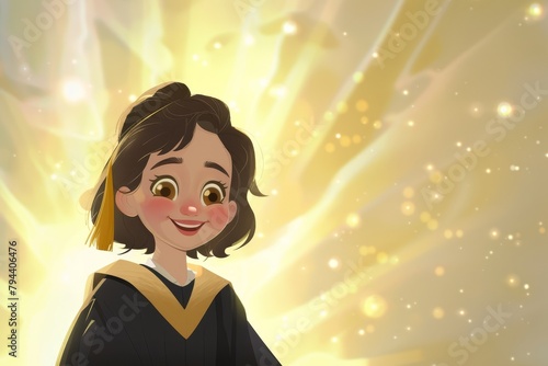 Cartoon graduate smiling brightly, radiant backdrop, perfect for school or learning concepts.