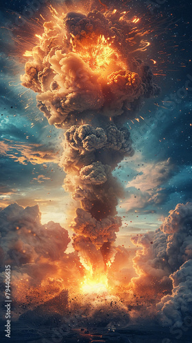 A large explosion in the sky with a bright orange cloud. The sky is filled with smoke and the clouds are dark and stormy. Scene is intense and dramatic