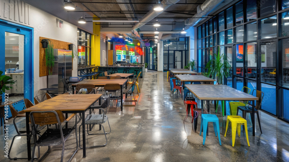 A large open space with tables and chairs, and a lot of light