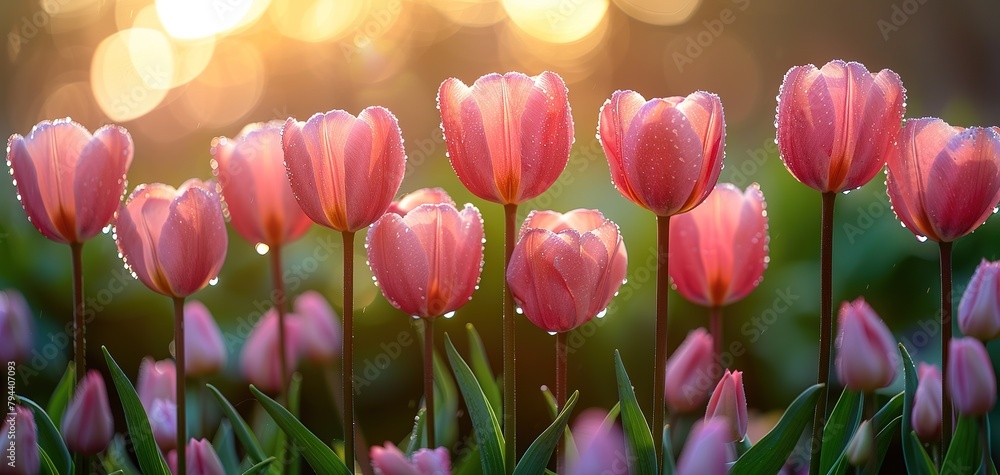 Fototapeta premium Pink tulips in pastel coral tints at blurry background, closeup. Fresh spring flowers in the garden