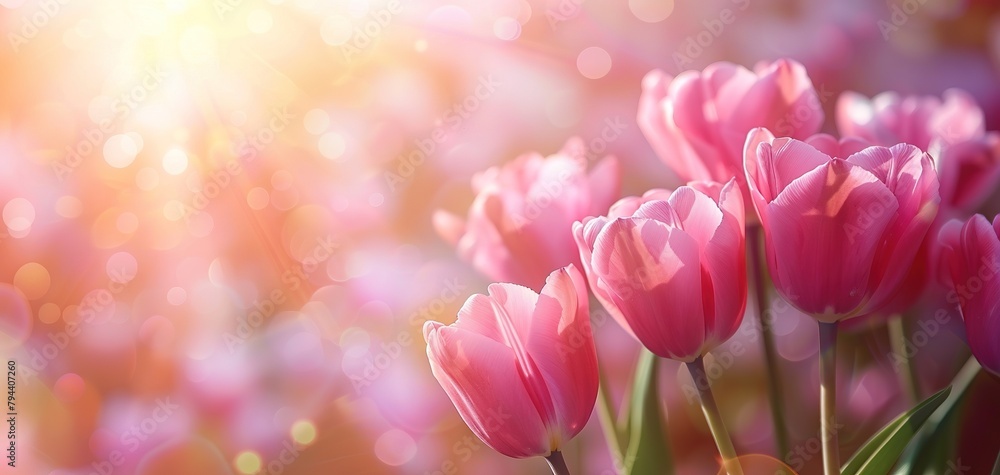 Pink tulips in pastel coral tints at blurry background, closeup. Fresh spring flowers in the garden