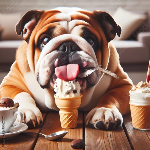 English Bulldog Eatting Ice Cream, AI-Generated photo