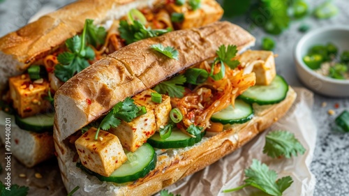 vegan banh mi sandwich, stuffed with marinated tofu, fresh cucumber, cilantro, and a generous layer of kimchi