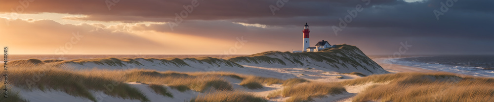 A beautiful beach scene with a lighthouse in the background. The beach is covered in sand, and the lighthouse stands tall on top of a hill. A beautiful beach scene with a lighthouse in the background. The beach is covered in sand, and the lighthouse stands tall on top of a hill.