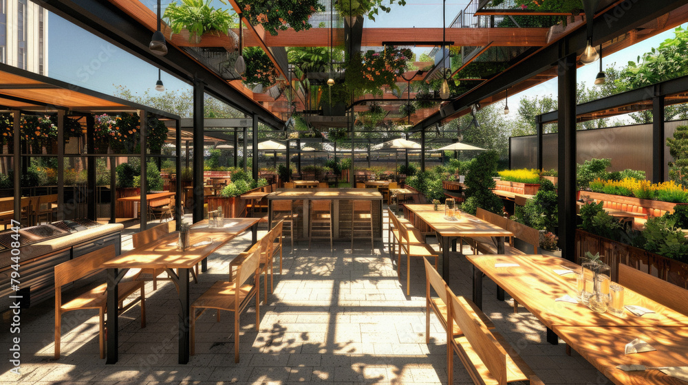 A large restaurant with a lot of tables and chairs A large restaurant with a lot of tables and chairs