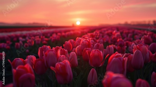 A magical landscape with sunrise over tulip field in the Netherlands #794408409