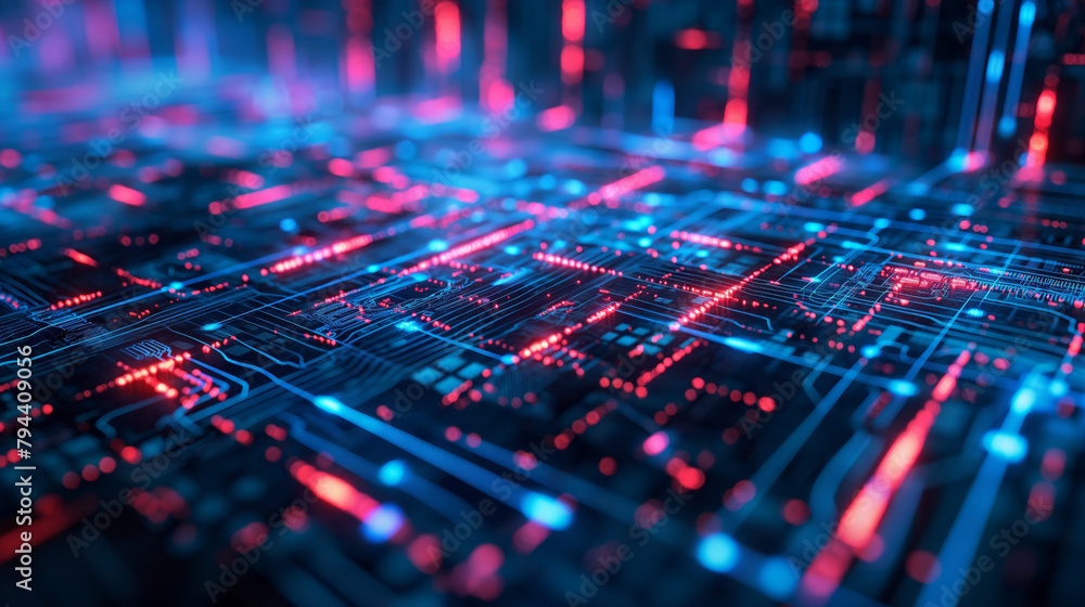 Circuit board close-up with neon accents. A close-up of a circuit board with neon blue and red lights, ideal for technology, computing, and futuristic design. Circuit board close-up with neon accents. A close-up of a circuit board with neon blue and red lights, ideal for technology, computing, and futuristic design.