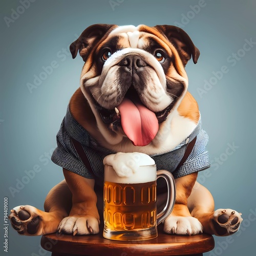 English Bulldog Sitting on the Chair with Beer, AI-Generated