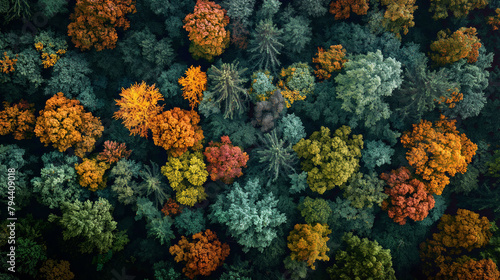 Vibrant overhead forest in autumn. The diverse colors showcase seasonal beauty  ideal for environmental campaigns and nature-themed designs.
