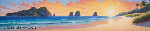 A beach scene with an ocean, as well as a mountain range in the background.
