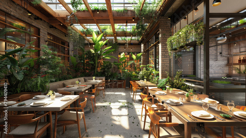 A restaurant with a lot of greenery and plants