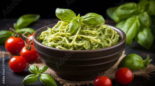 pesto sauce and basil pasta