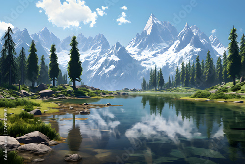 Steep moountain lake, steep lake at mountain range, illustrated steep mountain lake photo