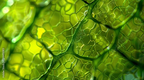 An intricate network of green chloroplasts can be seen inside the plant cell harnessing the power of sunlight to provide energy for photo