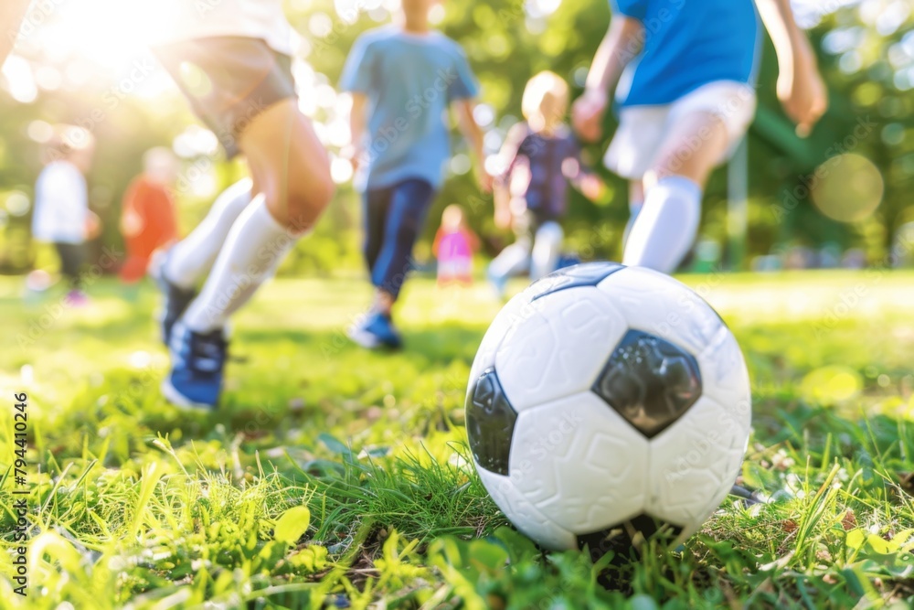 Fototapeta premium In the heart of the game, a player dashes after the soccer ball, chasing victory with relentless determination.