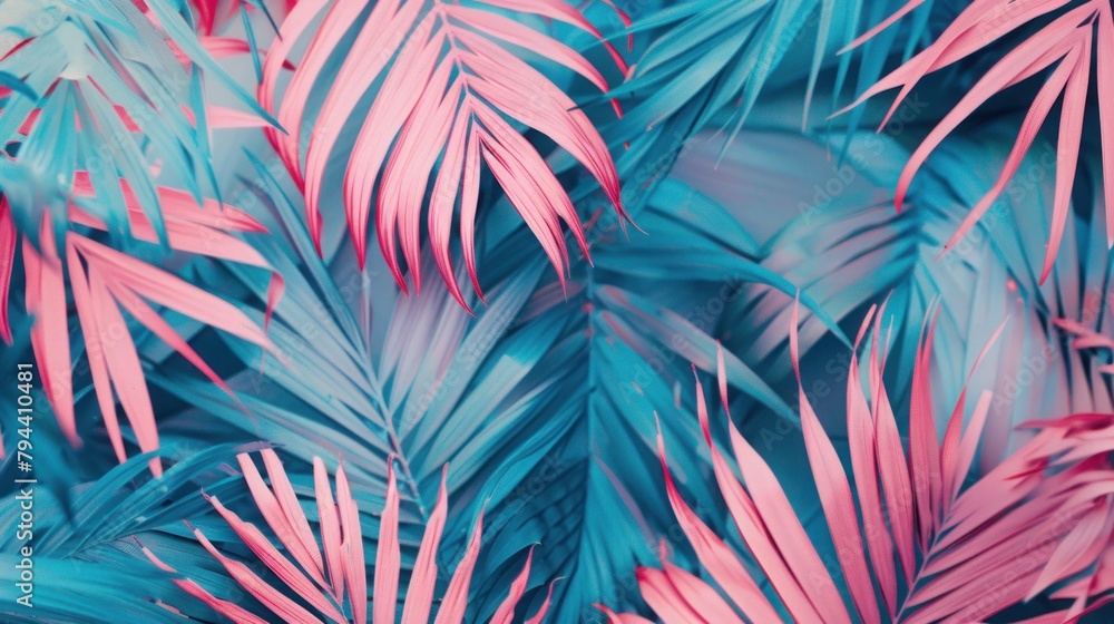 Tropical palm leaves in vibrant pink and blue colors in retro style