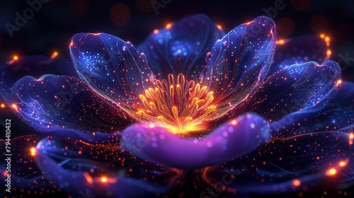  Close-up of a purple flower against black backdrop, blurred light originates from flower's center