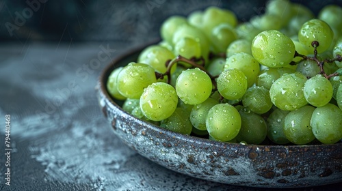 Close up of green grapes in a plate on a dark background © 2rogan