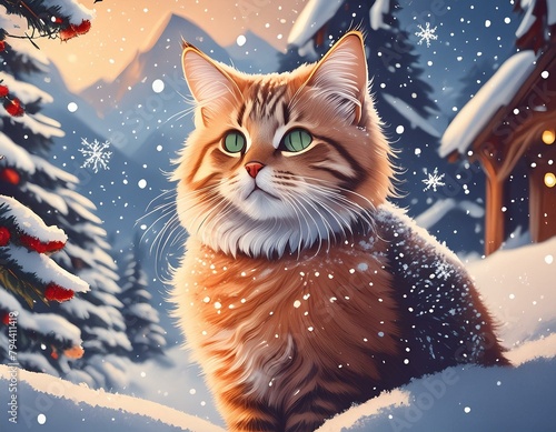 A cute cartoon orange cat enjoying the snow