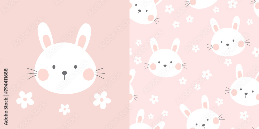 Cute bunny card and seamless pattern. Backgrounds for children with bunny and flowers. Vector illustration. It can be used for wallpapers, wrapping, cards, patterns for clothing and others.
