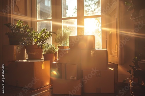 Relocation with moving boxes in a room with a wooden ladder an sunlight