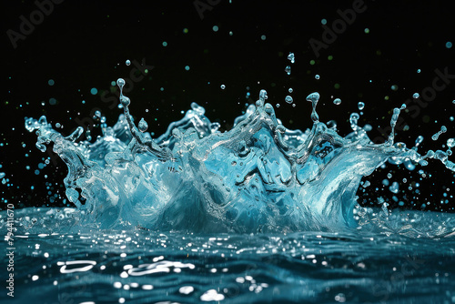 Water splash against dark background with blue sky and droplets reflecting light, creating a serene and refreshing image