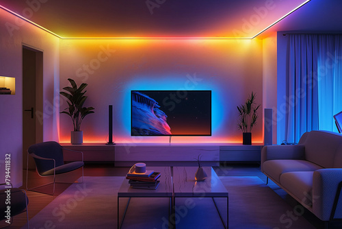 modern living room illuminated wtih vibrant led effect light for watching movies or playing games (5)