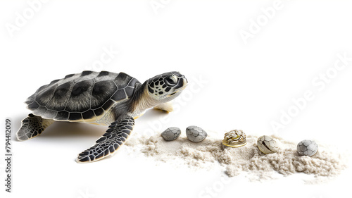 A baby sea turtle heading towards the sea, hatched eggs behind it.