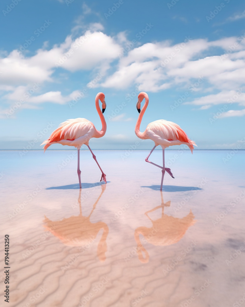 Obraz premium super realistic photo of two pink flamingos standing with their feet in the sea, super delicate light colors сreated with Generative Ai