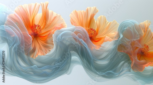  Two orange and blue flowers on a light blue and white background A white and orange swirl is centrally positioned within the image