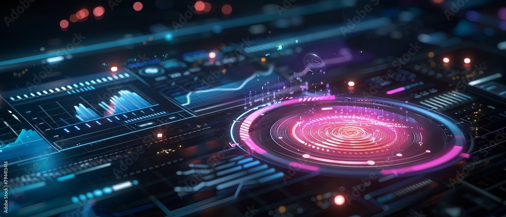 futuristic KPI dashboard hologram, floating in the air with interactive graphs and data analytics, neon glow futuristic KPI dashboard hologram, floating in the air with interactive graphs and data analytics, neon glow