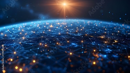Advancing digital technology: global quantum computing network on dark blue background. Concept Quantum Computing, Global Network, Digital Technology, Dark Blue Background