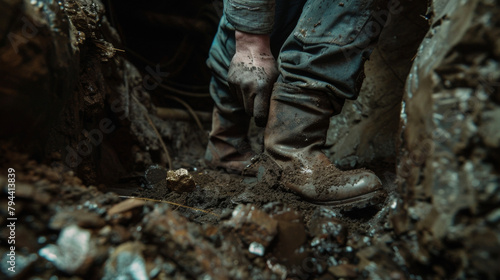 In a dimly lit mine shaft a rugged miner digs for precious gems and ore his boots and clothes showing the wear and tear of countless hours spent underground. .